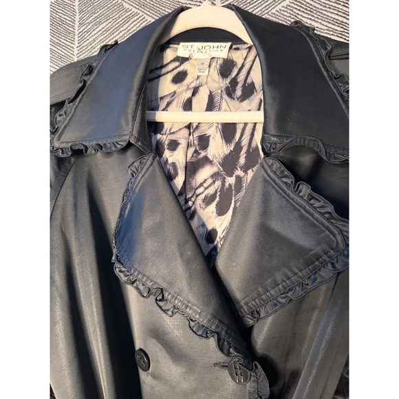 Vintage ST JOHN COLLECTION Black Satin  Ruffled Trench Coat Size 10 - Picture 13 of 14
